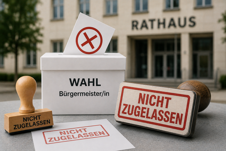 Symbolbild: Wahlurne mit Stempel „Nicht zugelassen“ vor einem Rathaus als Illustration zum Thema Kandidatenzulassung und Rechtsschutz bei Bürgermeisterwahlen.