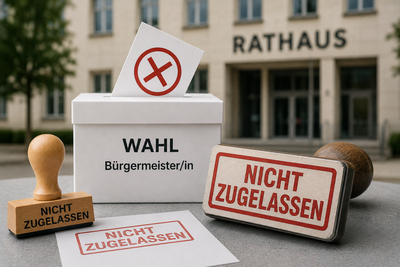Symbolbild: Wahlurne mit Stempel „Nicht zugelassen“ vor einem Rathaus als Illustration zum Thema Kandidatenzulassung und Rechtsschutz bei Bürgermeisterwahlen.