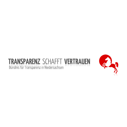 Logo des niedersächsischen Transparenzbündnisses „Transparenz schafft Vertrauen“ mit roter Silhouette des Niedersachsen-Rosses.