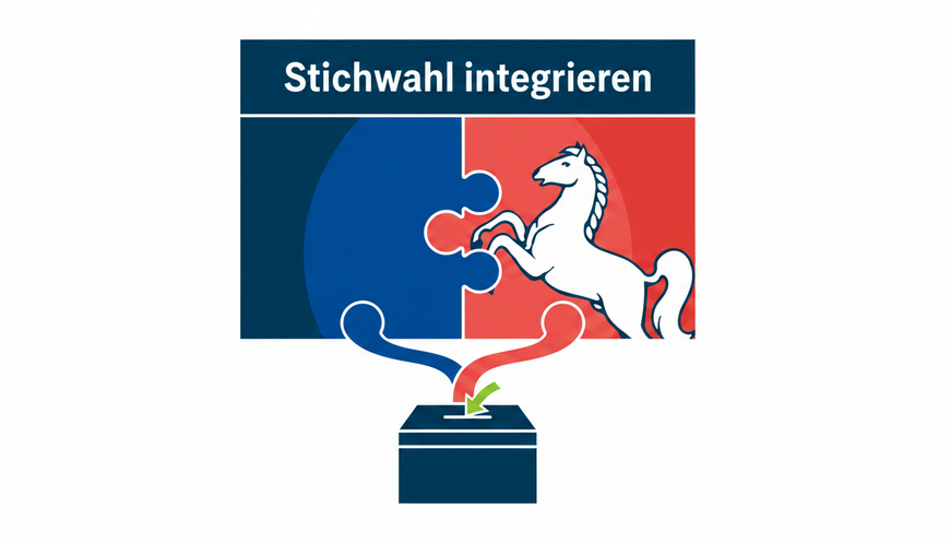 KI-generierte Illustration eines stilisierten Niedersachsen-Rosses, das einen zweiten Wahlzettel in einen ersten integriert. Das Motiv symbolisiert die integrierte Stichwahl.