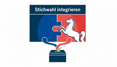 KI-generierte Illustration eines stilisierten Niedersachsen-Rosses, das einen zweiten Wahlzettel in einen ersten integriert. Das Motiv symbolisiert die integrierte Stichwahl.