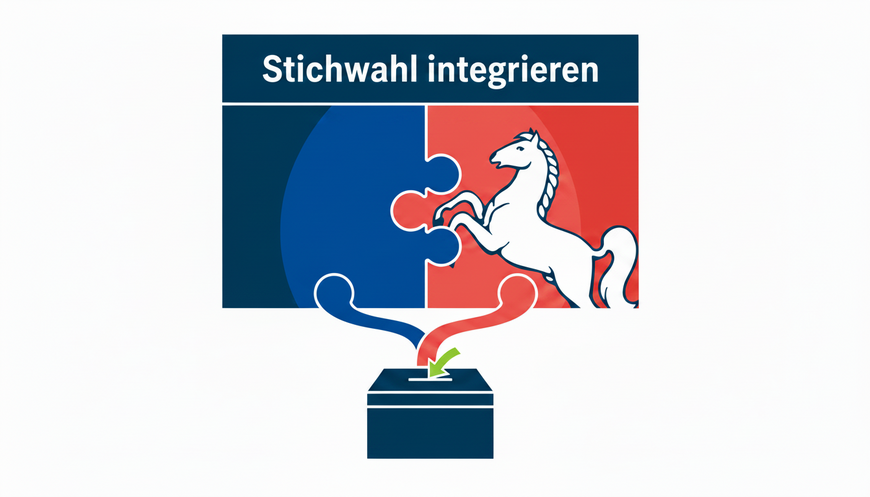 KI-generierte Illustration eines stilisierten Niedersachsen-Rosses, das einen zweiten Wahlzettel in einen ersten integriert. Das Motiv symbolisiert die integrierte Stichwahl.