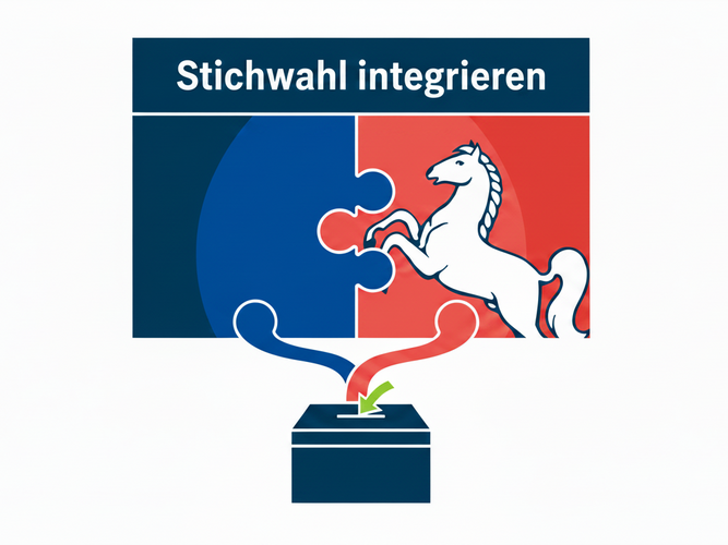 KI-generierte Illustration eines stilisierten Niedersachsen-Rosses, das einen zweiten Wahlzettel in einen ersten integriert. Das Motiv symbolisiert die integrierte Stichwahl.